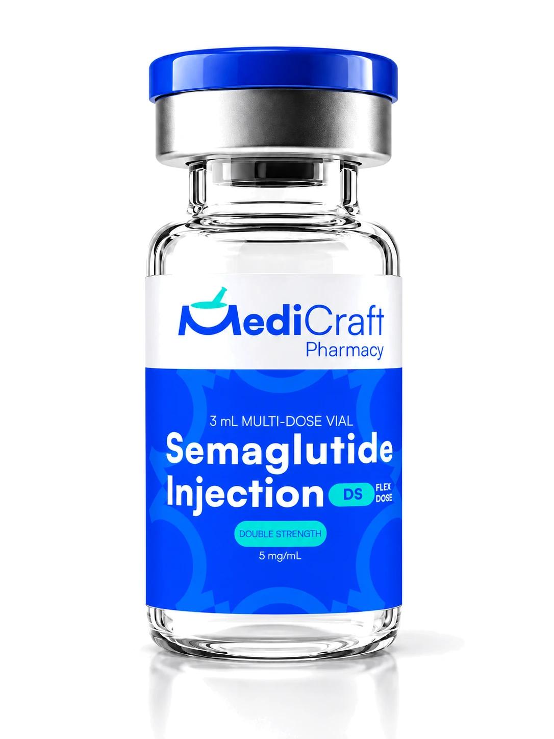 A MediCraft Pharmacy semaglutide injection vial, 2.5 mL multiple-dose, labelled in the MediCraft identity