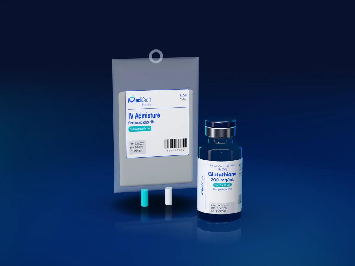A MediCraft IV admixture bag beside a 30 mL glutathione vial