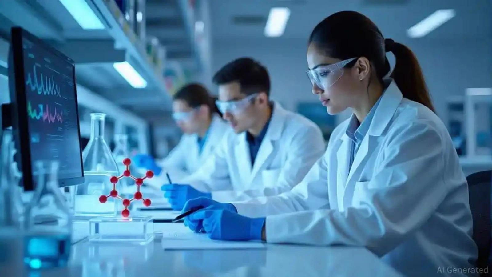 Three scientists in white coats and safety glasses working at a laboratory bench beside data displays