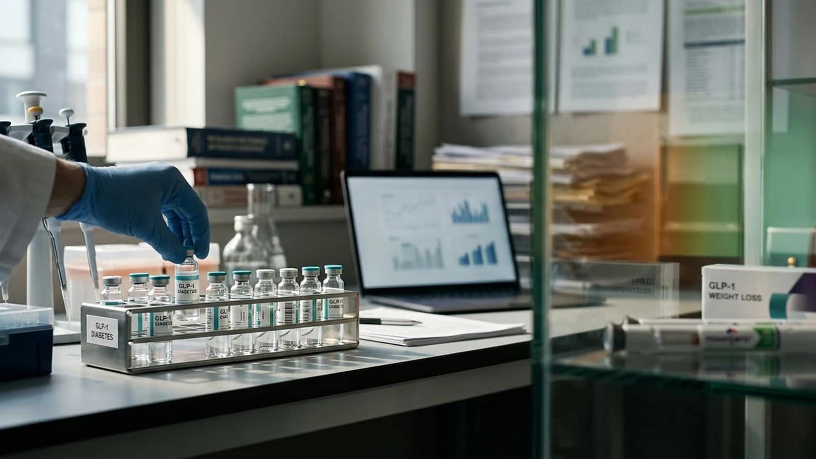 A rack of sealed vials on a laboratory bench beside a monitor showing batch data