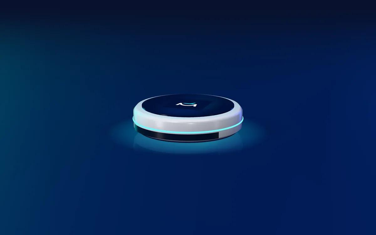 Rendering of a cleanroom floor-cleaning robot with a cyan status ring
