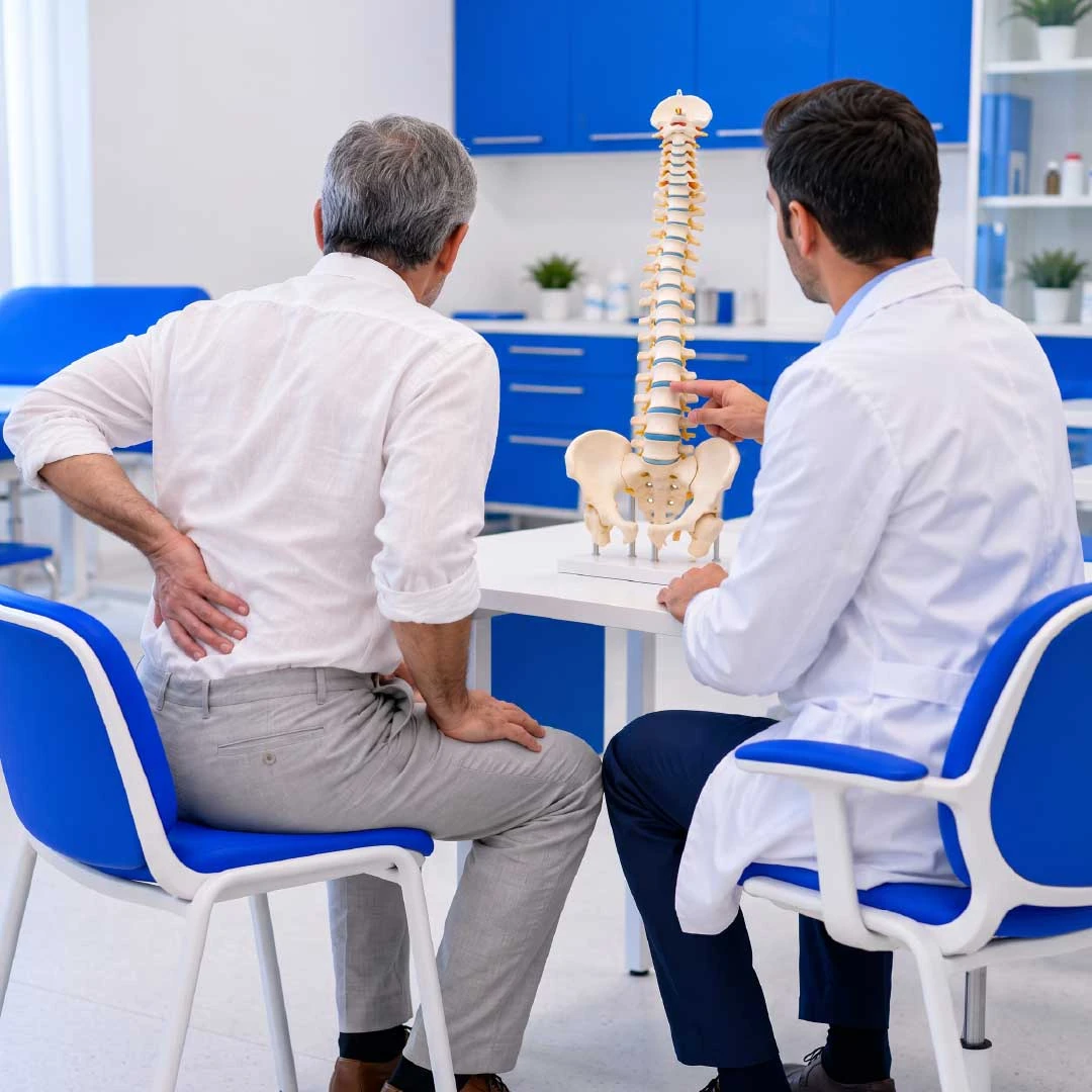A man holding his lower back while a clinician points to a model of the spine on the desk