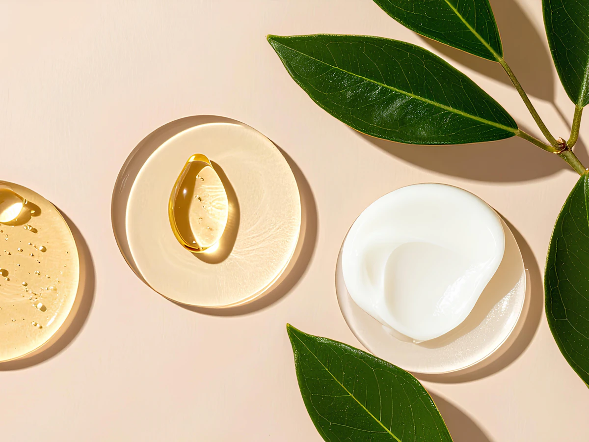 Discs of oil, serum and cream beside green leaves on a blush surface