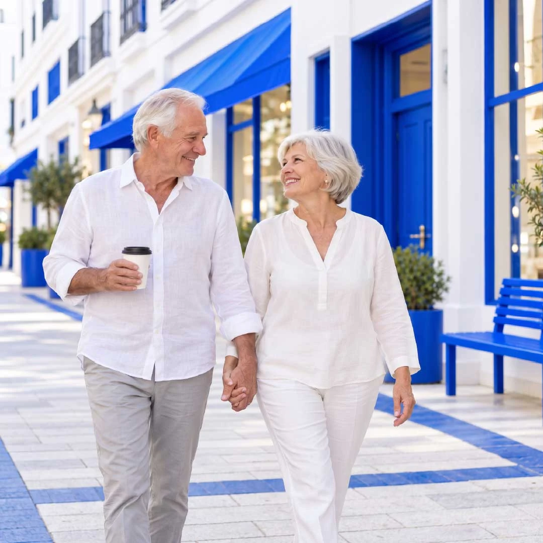An older couple dressed in white walking hand in hand along a sunny street